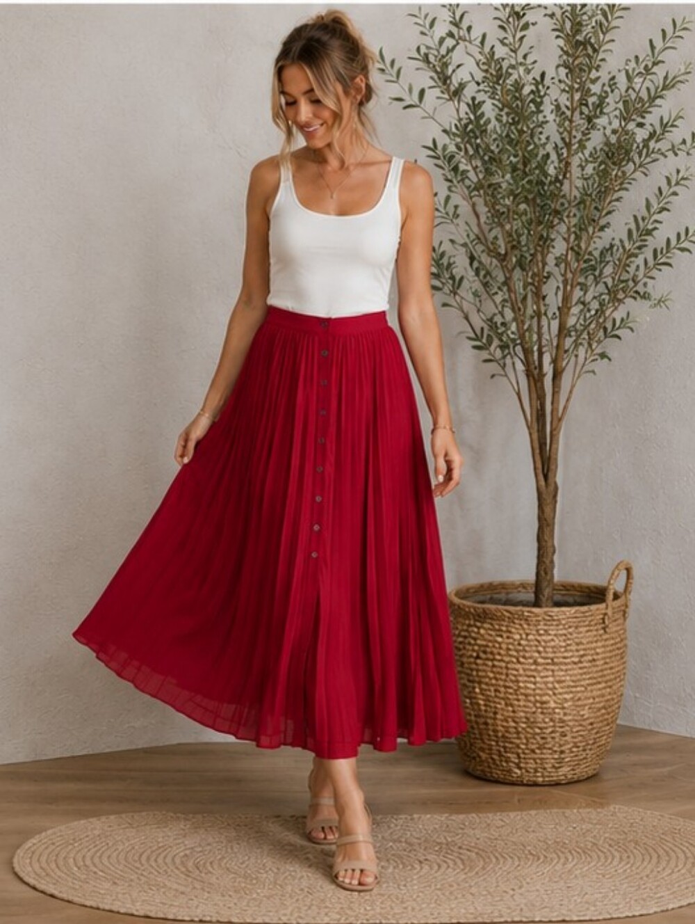 Maeve Red Pleated Button-Front Maxi Skirt